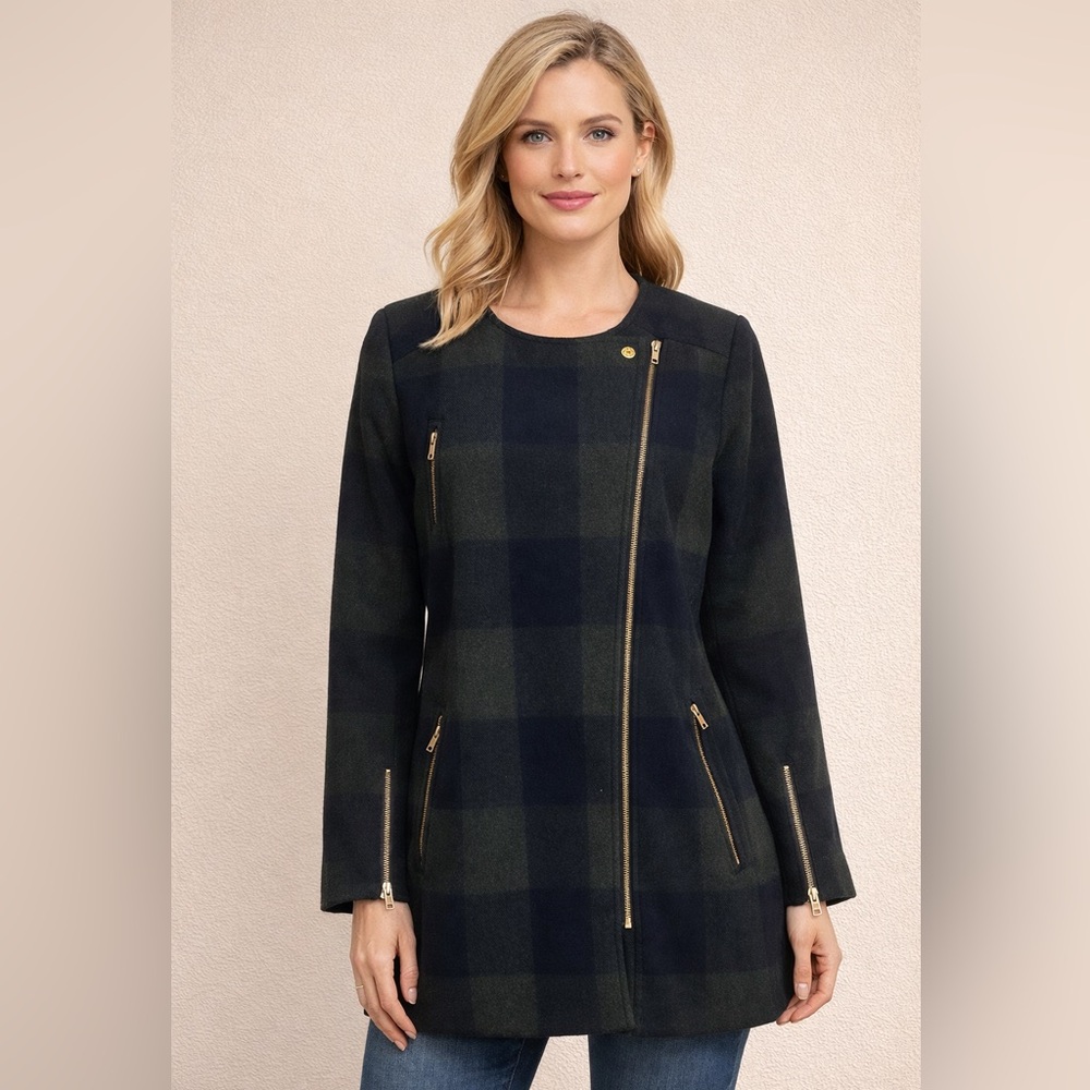 Forever 21 Navy and Gray Plaid Pea Coat